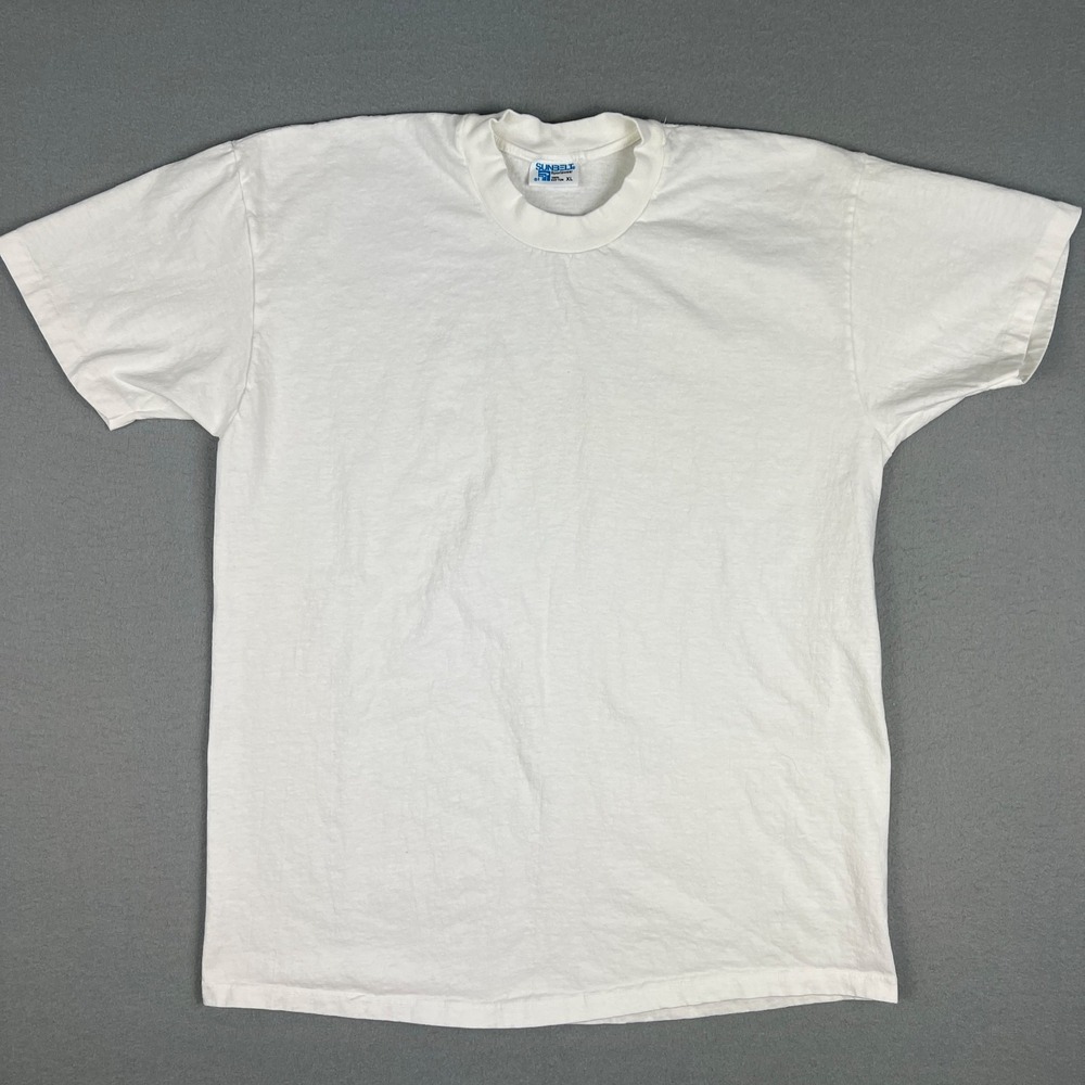 VTG Blank Plain‎ White T Shirt Fits L Sunbelt Short Sleeve 80s Single Stitch USA